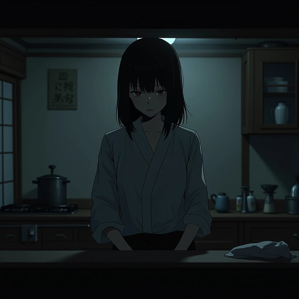 female, disappointed, expressionless, dark atmosphere, japanese, in the kitchen, at night