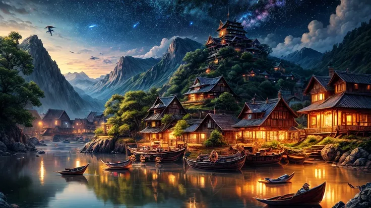 masterpiece, best quality landscape, dramatic lighting, intricate details, sharp focus, 16k, professional illustration, (wooden fishing village:0.6), glistening water, splashes, flying fishes, fantasy, starry night, planets, galaxy (full view) advntr 