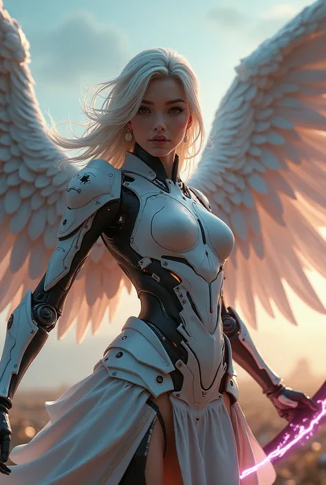 magic archangel Raphael,war effect,REAL - style image of a woman with a sword in a field, cyberpunk art inspired by Leng Mei, cgsociety contest winner, fantasy art, beautiful cyborg angel girl, angel knight girl, as a mystical valkyrie, battle angel, angel...