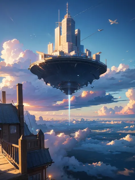 A huge city in the sky, A town above the clouds, Floating School City, you can see the horizon, There&#39;s a city below,１people々, Purple eyes, Blonde