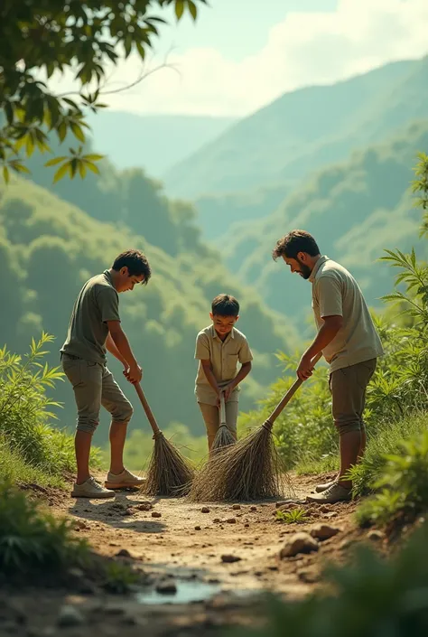 Generate me an image of 3 discreet marijuana friends cleaning land 