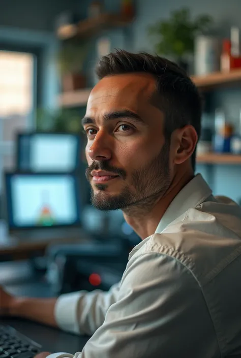 A photo of a man who lacks knowledge and sees his future as an excellent teacher. The photo is placed in the background of a Steam classroom full of research equipment.