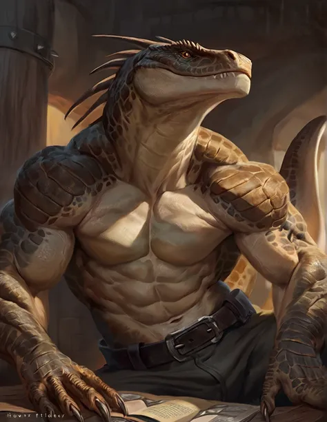 a ferocious male lizardfolk mercenary, muscular detailed body with claws, masculine pose, tall topless, wearing pants and belts on chest, comic book style illustration, best quality, 4k, ultra-detailed, realistic, by laobai, by taran fiddler, by honovy