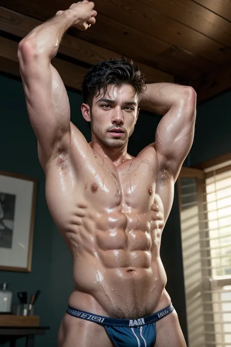 Muscular, hot and sexy man, shirtless. With his chest soaked in sweat, with his arms raised showing his armpits. Without underwear and with his penis fully erect, with his hairy and wet balls.