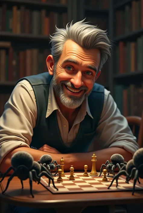 Adult man with short gray hair, short closed beard that looks happy about his departure, playing chess with some spiders