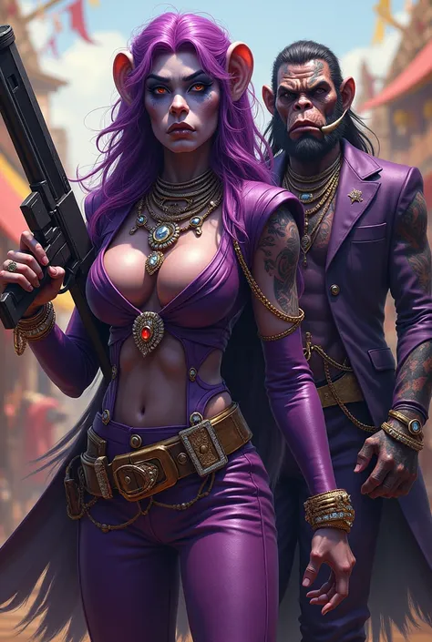 1 simia hembra morada With giant and high-caliber weapons, with gangster SUIT with chains with huge diamond and gold rings y 1 simio morado, With giant and high-caliber weapons, with gangster SUIT with chains, tattooed, with huge diamond and gold rings, sm...