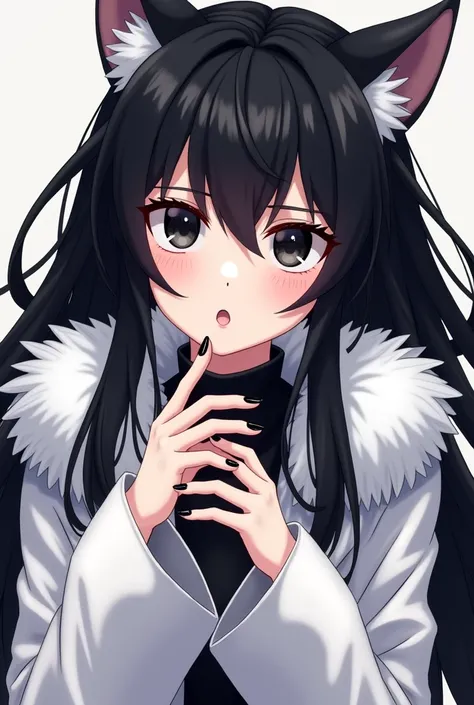 Could you make an image of the following description?: hair: long and black, with a microbang that reaches one centimeter above the eyebrows. The hair is straight and flows down..eyes: Black and torn, giving an enigmatic and deep air.fur: white, with a sli...