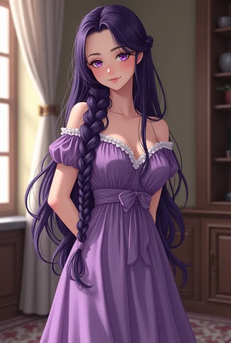 Young woman, Nineteen years old, Long purple braided hair, A small mole is located under the right eye at the end of the eyebrow., Wearing a purple dress from Central Europe, Medium sized breasts, Thin waist, Her butt is average., Standing in the room, Dra...