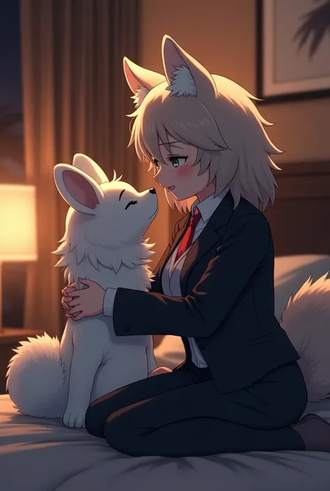 score_9, score_8_up, score_7_up, source_anime, 1boy, 1girl, mature female is smiling, mother furry wolf and son furry White bunny, kid, sons back against the wall, (mother is whispering), in a hotel room, ass grab, night time, business suit