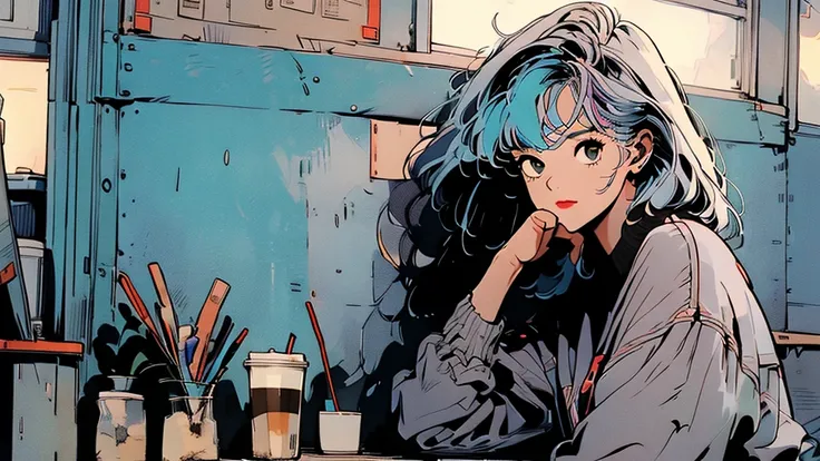 masterpiece, highest quality, a girl with pastel-colored hair, sitting in a cozy café, with a laptop and coffee, lost in her mus...