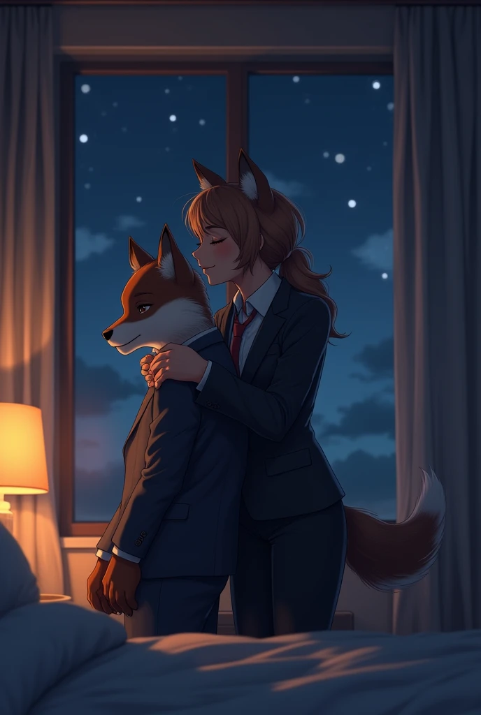 score_9, score_8_up, score_7_up, source_anime, 1boy, 1girl, mature female is smiling, mother furry and son furry, kid, sons back against the wall, (mother is whispering), in a hotel room, ass grab, night time, business suit