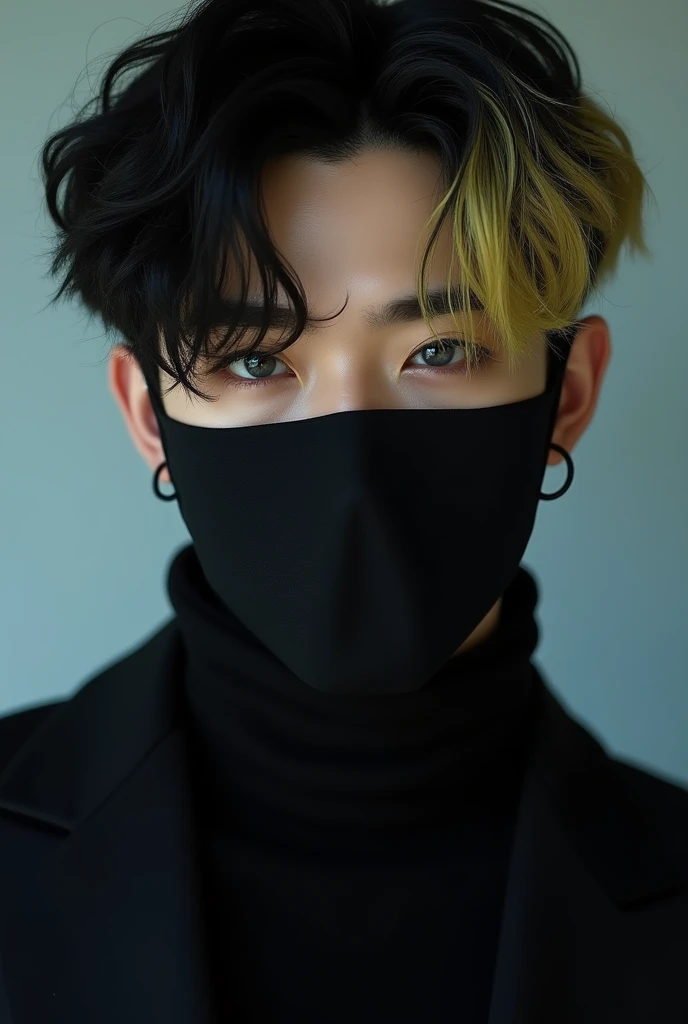 YOON SANHA WITH BLACK MASK ON HIS MOUTH, gray eyes, black and blonde hair 