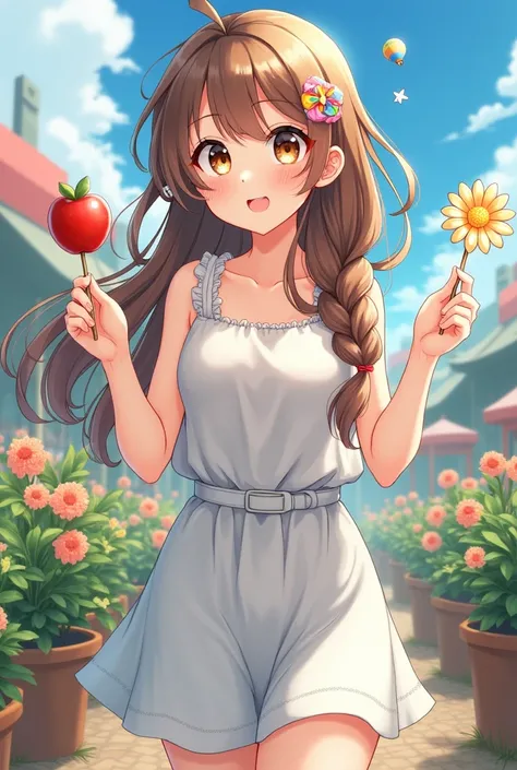 Anime illustration、masterpiece、high quality、、、Hair、三つ編み2Book薄茶色、Big brown eyes, sparkling, full of stars、Black eyelashes、Cheeks light pink、The nest looks healthy.、Going out to a festival、Holding a candy apple and a windmill、Wear lots of cute hairpins on yo...