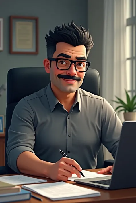 The brown-skinned, middle-aged man with a round face, wearing rectangular glasses and a mustache, has slightly curly, spiked black hair. He is sitting on an office chair, dressed in a gray formal shirt, and working on a laptop.