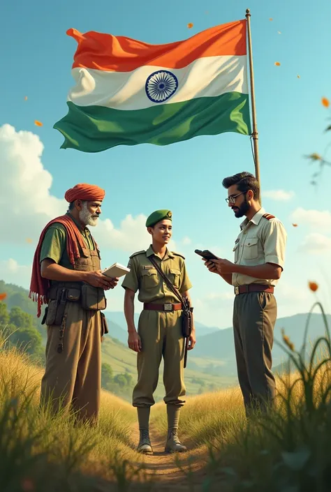 Farmers, soldiers & male Scientist with Indians Flag