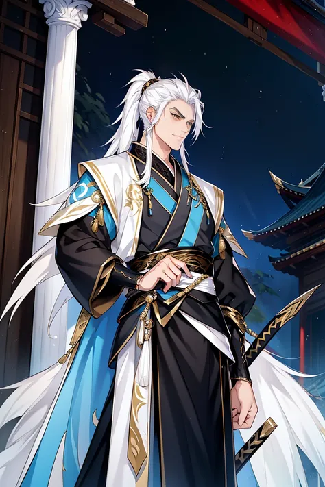 dragon man, hanfu, long sword, cabelos preto e longos, golden eyes，white hair , the night，starrysky，rays of moonlight，asian arch...