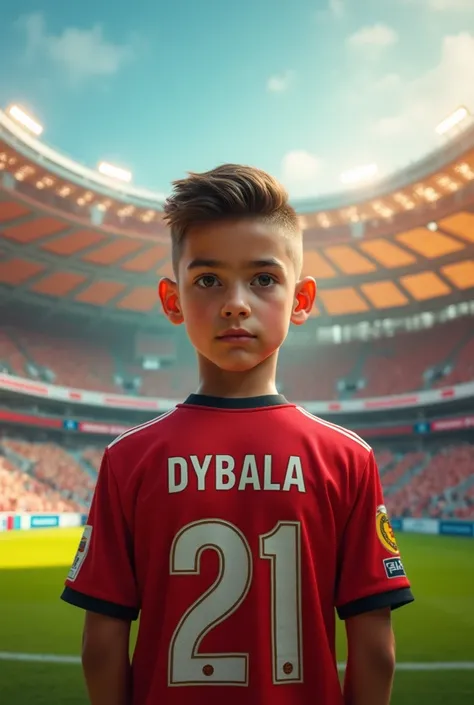 create an image for your Instagram profile of a boy in a football stadium, with the shirt saying dybala and the number 21 on the back