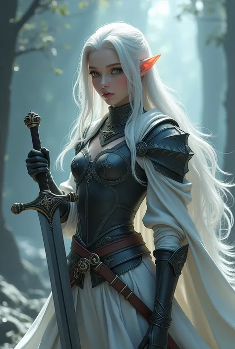 final fantasy game theme. image of a 21 year old white haired elf standing holding her favorite sword., he wore light black and white armor.., pastel colours, and dramatic tones. a masterpiece with the highest resolution. , surrealist image type