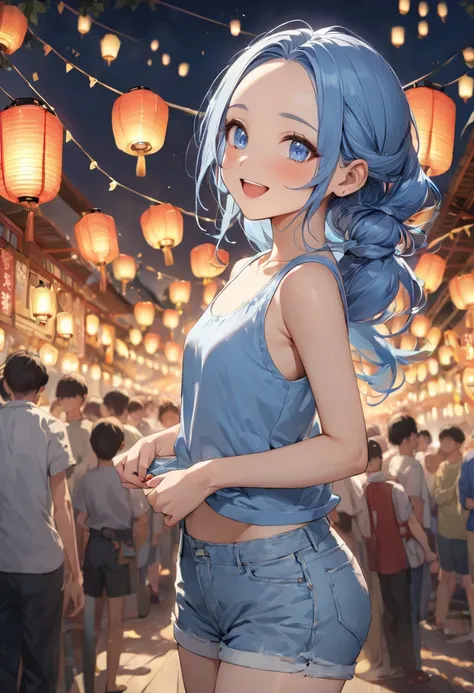 (lantern festival style) (preparing lantern festival), (solo:2, 15 yo), (beautiful detailed forehead) (beautiful detailed blue hair long hair) (best cute girl) (immensely cute blue eyes) (love smile, open mouth), (in a  casual tank top, hot pants), break, ...