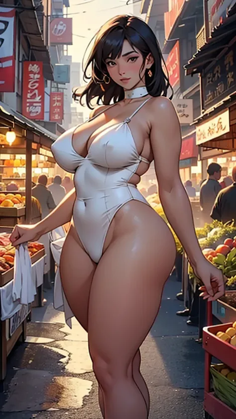 A curvaceous young woman with strikingly full hips navigates a bustling market at twilight. She is clad in delicate white lingerie that accentuates her feminine form. The scene is vividly captured in a masterful painting, showcasing the vibrant colors of t...