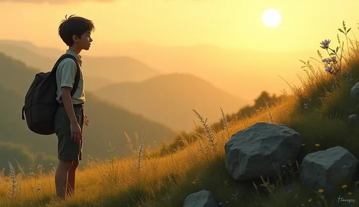 A boy who is carring a bag ,  at the top of a hill as the first rays of the sun touch him.