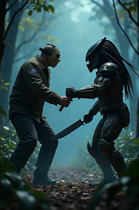 Animated cinematic image of Jason VORHEES fighting the predator 