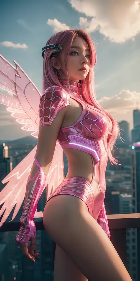 ((masterpiece, best quality, extremely detailed), volumetric lighting, ambient occlusion, colorful, glowing), 
1girl, solo, young girl, (pink hair), long hair, halo, aura, sacred, goddess, cyber suit, (spiderwoman outfit:1.3), android, bot, angel wings,
ou...