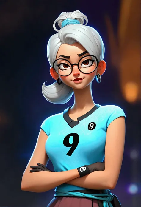 Cartoon of a woman with white hair tied up, and a light blue shirt with the number 9, and black round glasses, and closed smile.