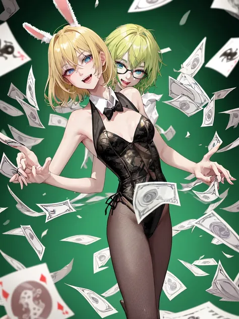 masterpiece, absurdres, best quality, extremely detailed eyes and face, natural skin texture, detailed skin, (perfect fingers, perfect hands),
BREAK
Win big at the casino、Laughing in high spirits、Bunny girl scattering stacks of bills{lime green playboy bun...