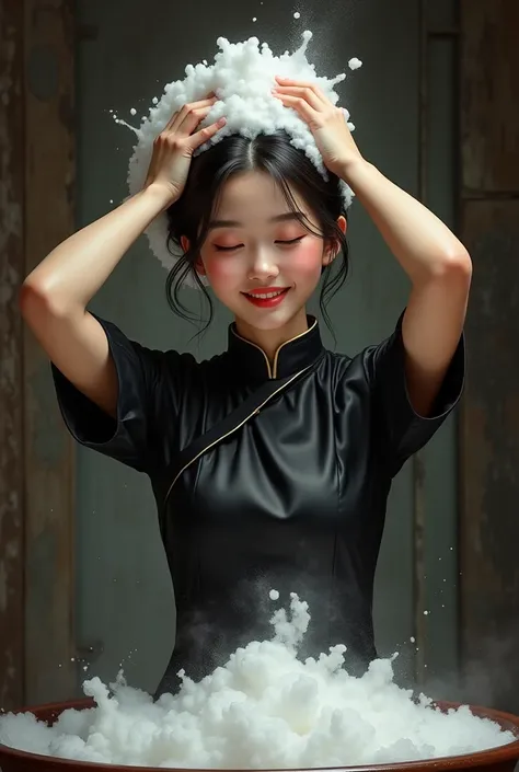 Create an Asian beauty，High-necked black printed short-sleeved traditional qipao，Scratching the scalp with both hands，Two hands washing hair on top of head，There is a lot of foam on the head，Foam wrap head，Realistic foam，The expression is happy，front，The c...