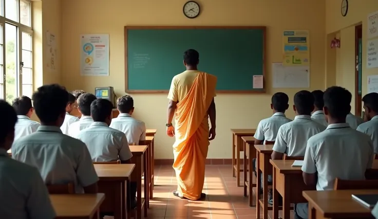 Back view of a teacher teaching in class with lots of male students in kerala 
