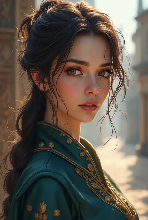 woman, ​masterpiece, beautiful, Almond brown eyes, reddened cheeks, female mage, Antiquity, Antiquity Stadt im Hintergrund, Artistic hair, Anime Style