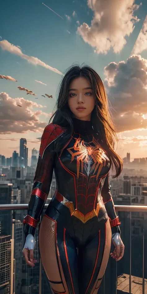 ((masterpiece, best quality, extremely detailed), volumetric lighting, ambient occlusion, colorful, glowing), 
1girl, solo, young girl, cyber suit, (spiderwoman outfit:1.3), android, bot, 
outdoors, sunset, sky, clouds, space, (cyberpunk theme:1.2),