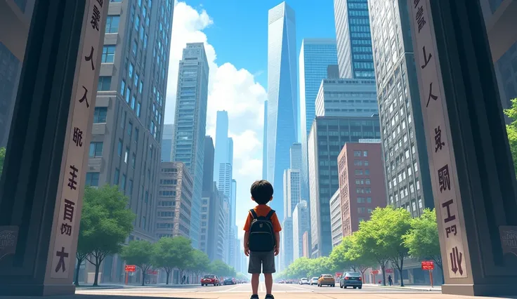 A busy cityscape with a boy who is carring a bag , standing at the entrance, looking at the tall buildings