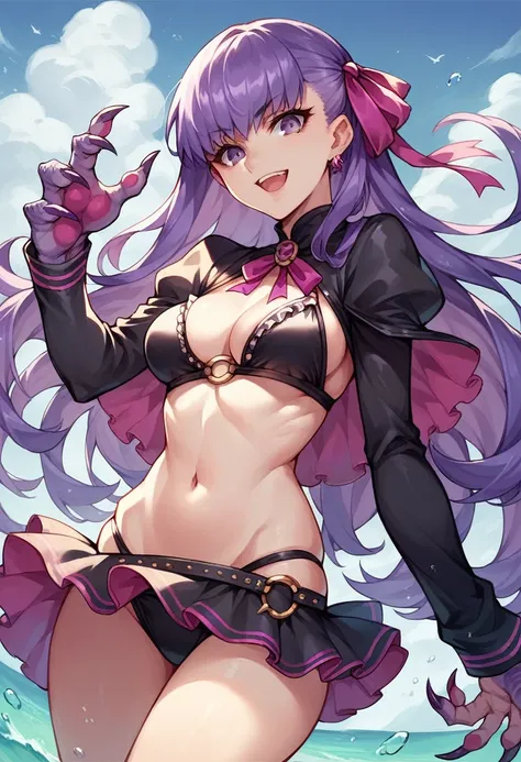 passionlip (fate), 1girl, solo, long hair, breasts, looking at viewer, smile, open mouth, ribbon, navel, purple eyes, swimsuit, hair ribbon, purple hair, bikini, frills, black bikini, claws, bikini skirt