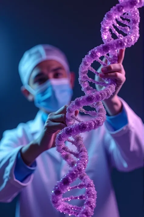 Generate a doctor holding up some DNA with full gear in a lab, strictly it must be landscape with purple aura must be looking at the cell