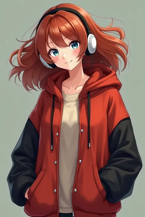 Reddish-brown hair。Her fluffy hair is bouncing。Smiling with droopy blue eyes。Wearing an oversized hoodie and headphones。The background is simple。The hoodie is mainly red with black on the arms and hood.。The parka is a jacket type.、Open。A simple, blank, gre...