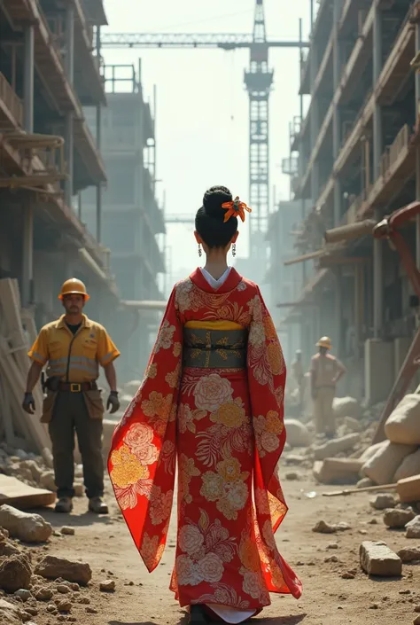 A woman in kimono、Construction worker