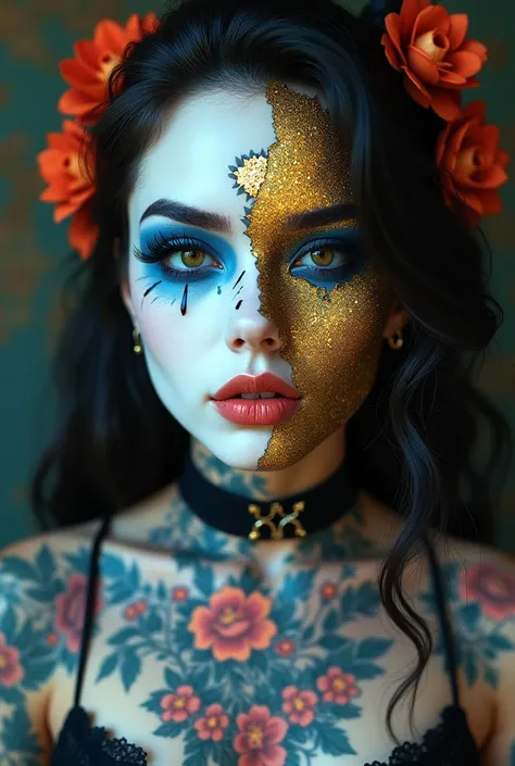 In diferent poses, Tattooed woman with porcelain mask, covered in floral patterns, blue eyeshadow, half her face is broken showing gold leaves reating on her face, o’ring collar, light magical sparkles, detailed realistic eyes, detailed_smoky_eyes_makeup, ...