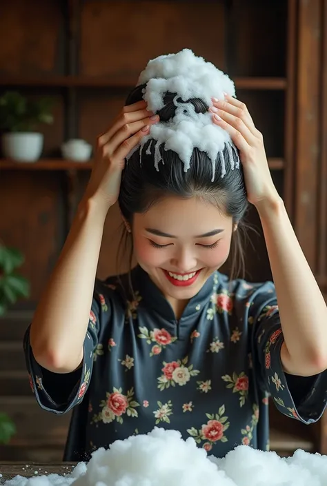 Create an Asian beauty，Black printed traditional cheongsam，Scratching the scalp with both hands，Two hands washing hair on top of head，There is a lot of foam on the head，Foam wrap head，Realistic foam，The expression is happy，Real People，Open your eyes，The ch...