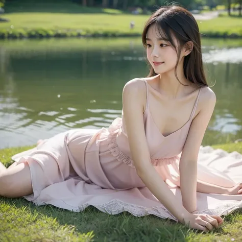  Delicate and gentle girls wearing dresses in pastel tones，Lying on the grass by the lake。She gently propped her chin，Smile and look into the distance，Elegant posture blends in with the environment，It reveals her tender side。