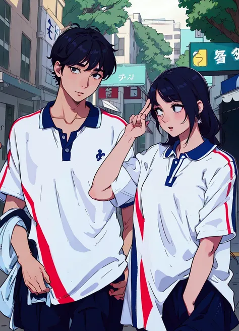 (best quality:0.8) perfect anime illustration, araffe couple in white and blue uniforms walking down a street, jk uniform, wearing polo shirt, wearing school uniform, wearing a volleyball jersey, cai xukun, japanese school uniform, wearing japanese school ...