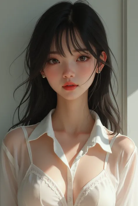 Swarthy Asian Girl 16 years with dark brown hair in school form in white transparency shirt vision nipples realistic style realistic style 