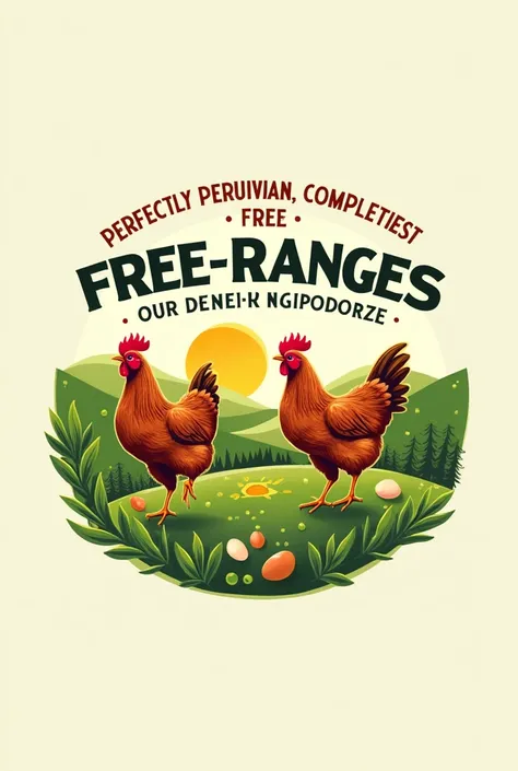 Create a logo for my farm of laying hens that want to be free, that is, my hens are free. Also, create a catchy phrase that shows that the product is 100% free.% Peruvian