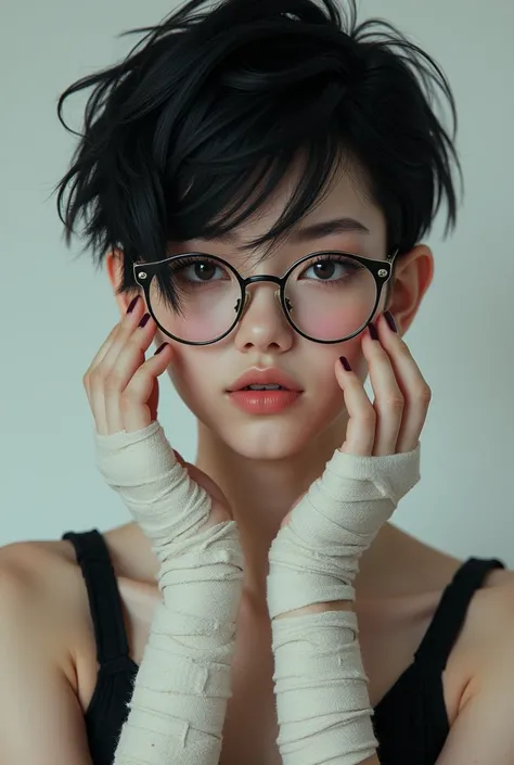 Girl with short black hair with wolfcut round glasses full body with bandages on hands light skin