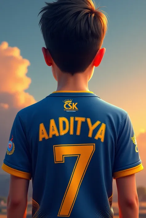 A 15 years old boy t shirt written the name Aaditya back side of t shirt and down side written 7 number in csk ipl t shirt and t shirt up side written csk in yellow colour in 3d