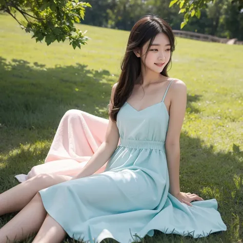  Delicate and gentle girls wearing dresses in pastel tones，Lying on the grass by the lake。She gently propped her chin，Smile and look into the distance，Elegant posture blends in with the environment，It reveals her tender side。