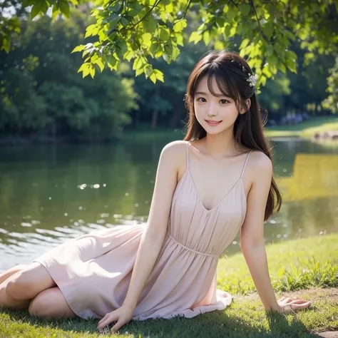  Delicate and gentle girls wearing dresses in pastel tones，Lying on the grass by the lake。She gently propped her chin，Smile and look into the distance，Elegant posture blends in with the environment，It reveals her tender side。