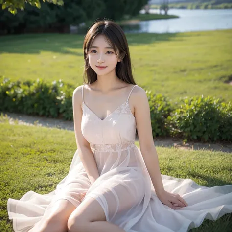  Delicate and gentle girls wearing dresses in pastel tones，Lying on the grass by the lake。She gently propped her chin，Smile and look into the distance，Elegant posture blends in with the environment，It reveals her tender side。