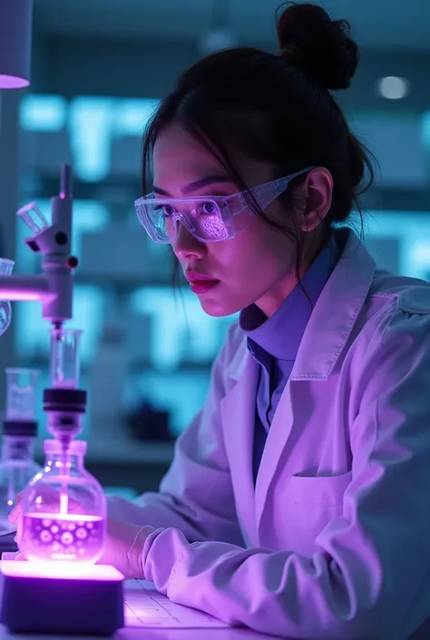 A scientist figuring out something in biotechnology purple aura a woman focus on the biotechnology THE BIOTECHNOLOGY IS THE FOCUS 